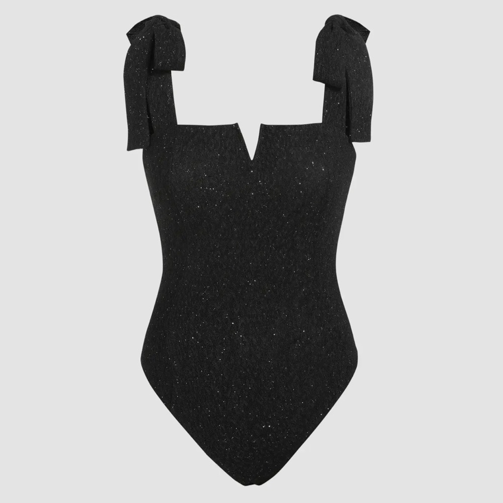 Black sparkle shoulder tie bodysuit